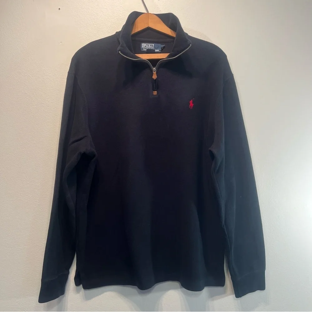 Polo by Ralph Lauren 1/4 Zip Pullover Heavy Knit Shirt Mens L 100% Cotton Black